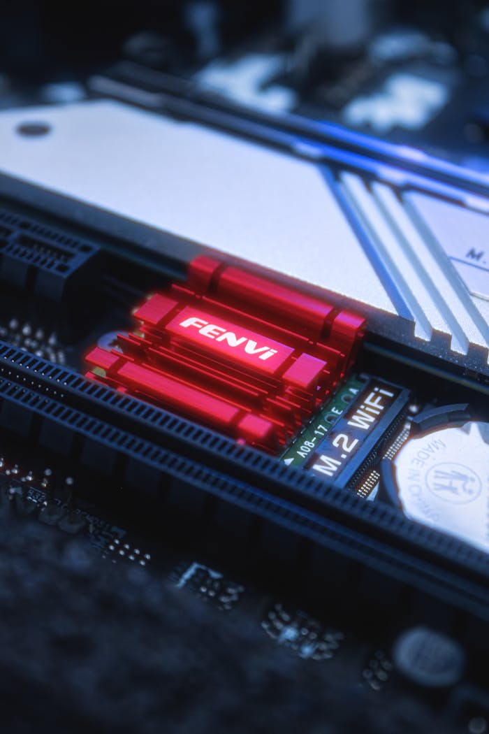 Detail of a red heat sink on M.2 WIFI slot on a computer motherboard.