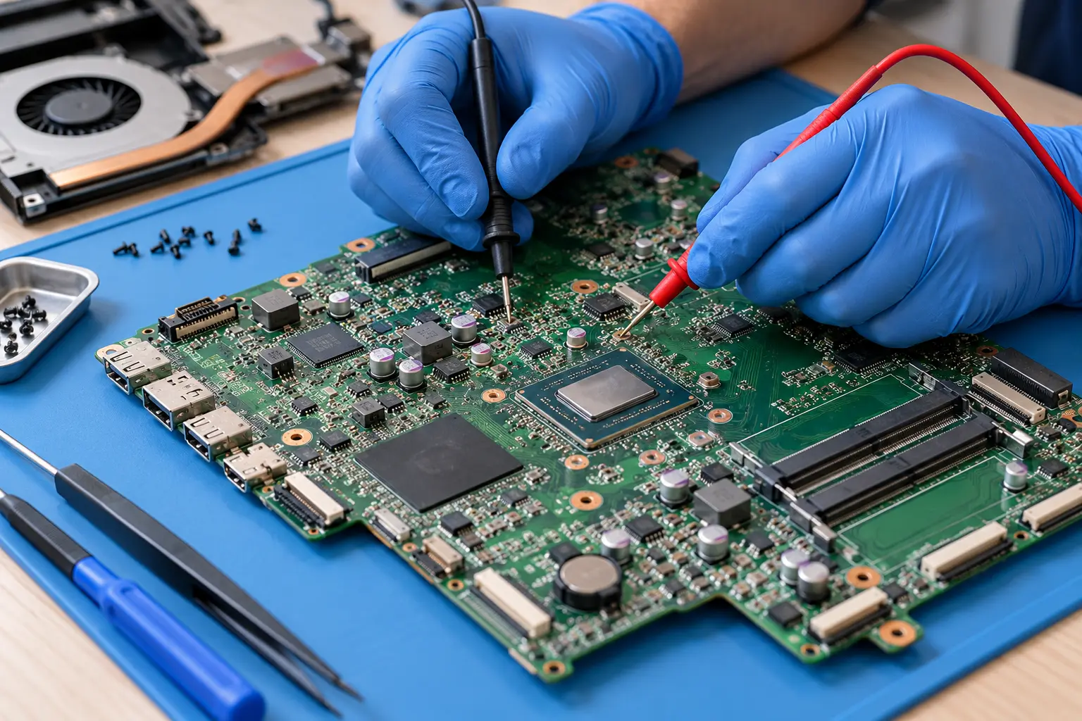 Illustration of gloved hands testing a laptop motherboard with multimeter probes