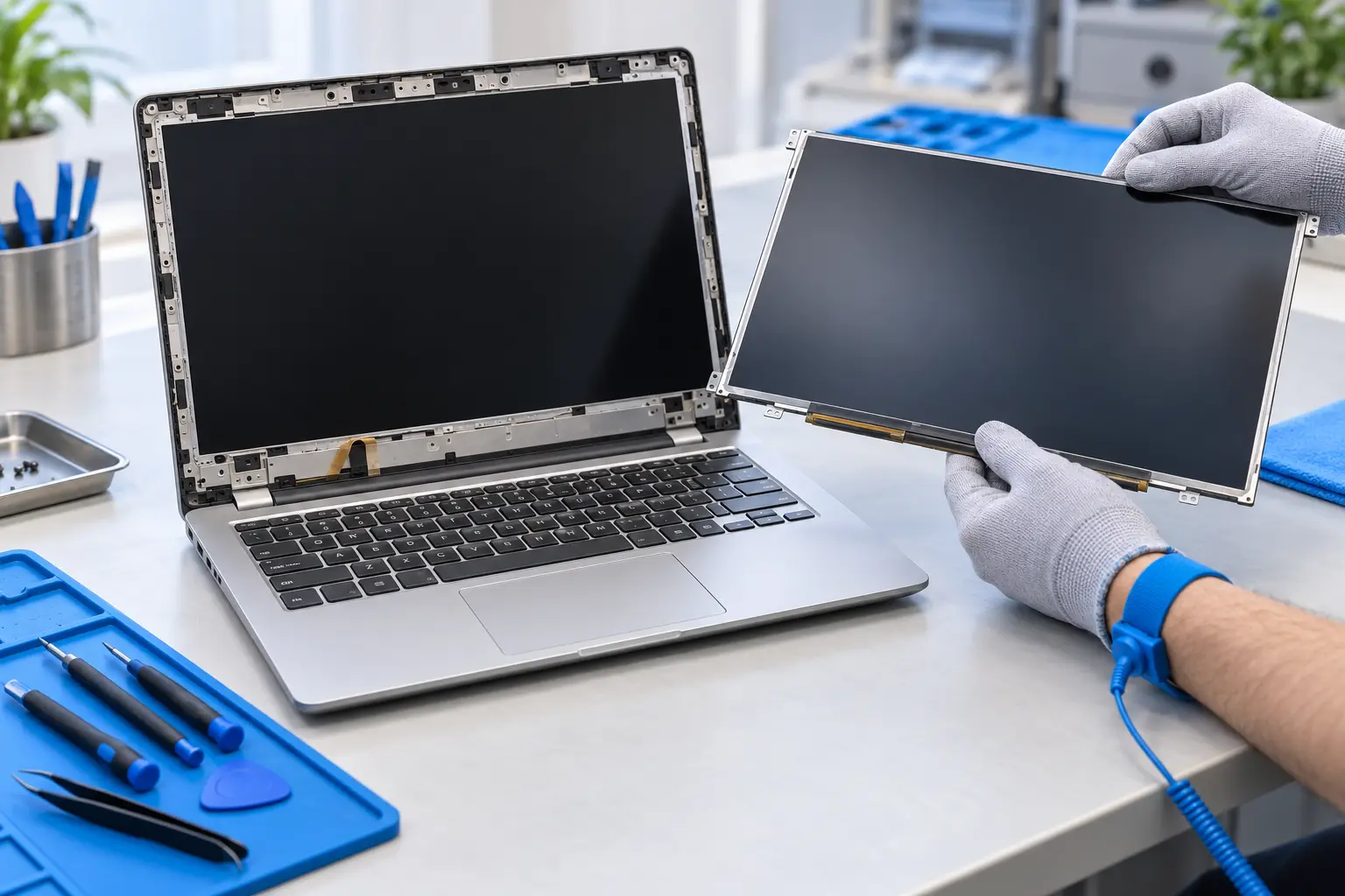 Illustration of gloved hands replacing a laptop display panel on a repair bench